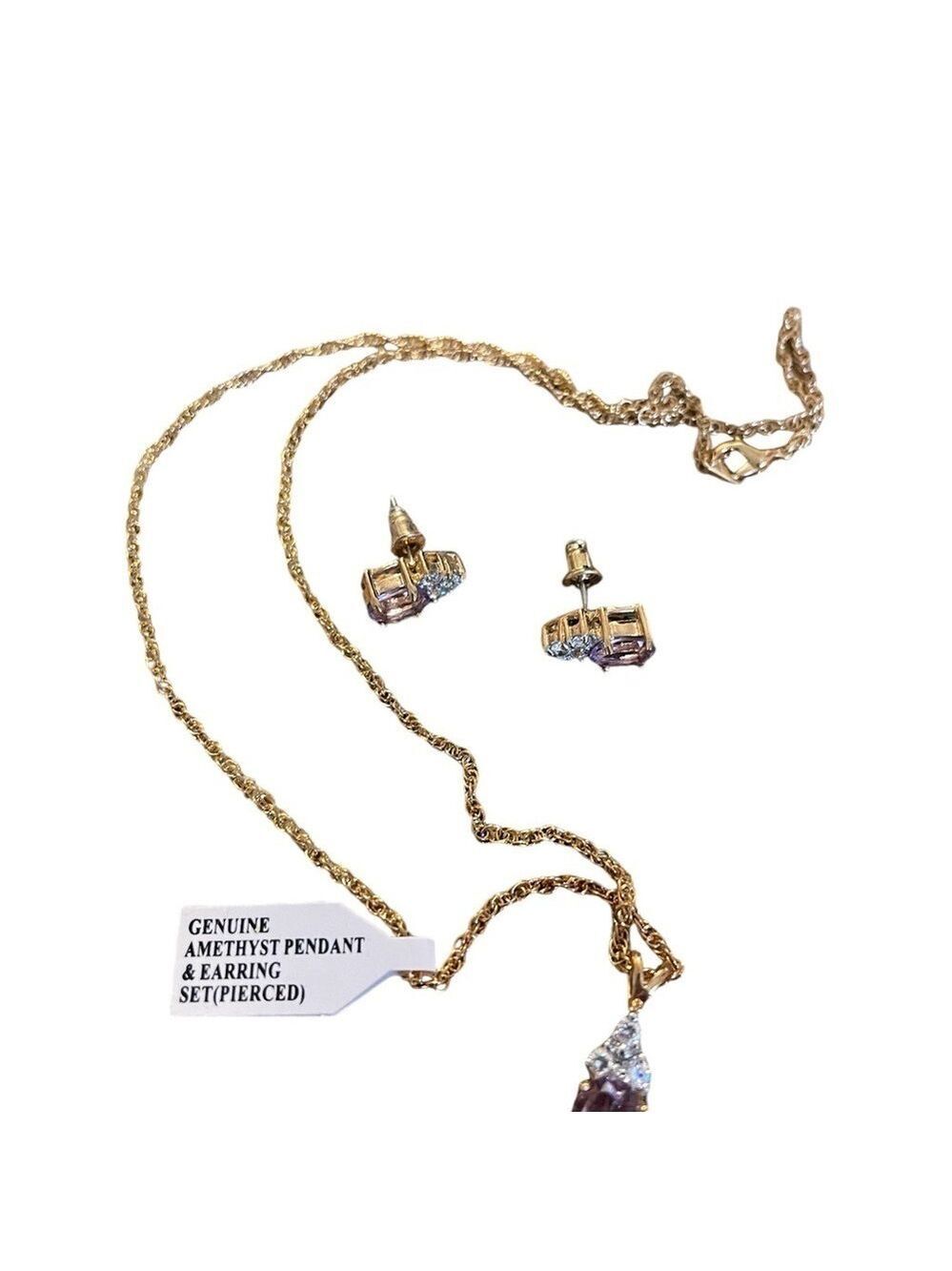 Amethyst Earring/Necklace Set, Pierced, Gold-Tone w/Diamond Acce…